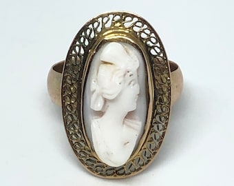 Anillo con camafeo de coral en oro de 10 quilates antiguo de los años 30, talla 3,5, joyería patrimonial tallada a mano en oro amarillo