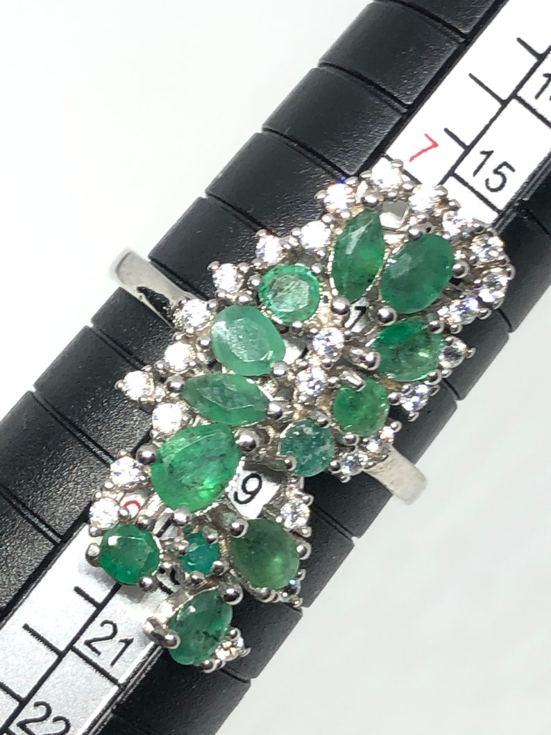 Cluster Ruller Natural Emerald and Sterling Silver Cluster Ring - Size 8 - Solid 925 ...