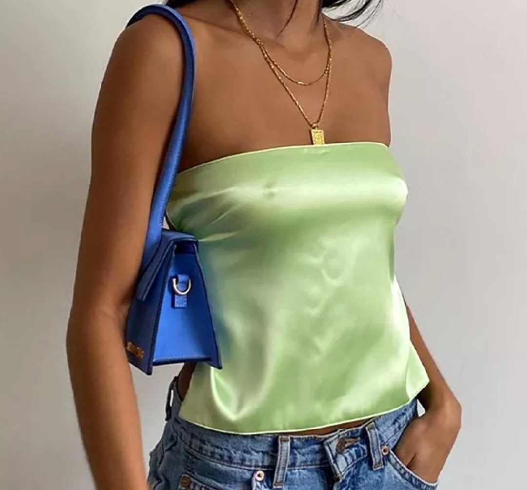 Y2k Silky Satin Backless Crop Top Women Green Summer Cami - Etsy