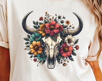 Cow Skull Comfort Colors T-Shirt: Western Flower Cowgirl Tees, Boho Skull Shirt, Country Girl Womens Tee