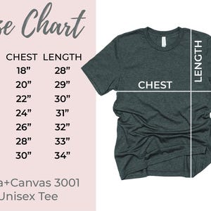 May include: A size chart for a Bella+Canvas 3001 Unisex Tee, with chest and length measurements in inches. Sizes range from S (18" chest, 28" length) to 4XL (30" chest, 34" length). A dark gray t-shirt is shown.