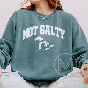 May include: A teal blue sweatshirt with the text "NOT SALTY" in white letters and a white outline of the Great Lakes. The sweatshirt is worn by a person sitting down.