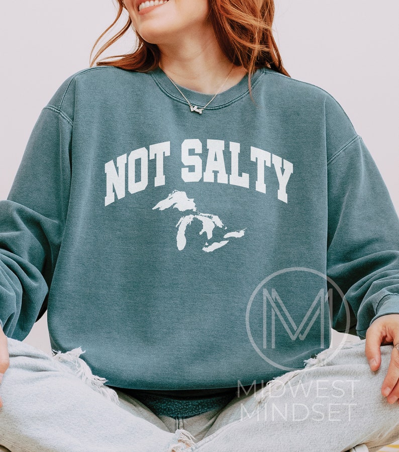 May include: A teal blue sweatshirt with the text "NOT SALTY" in white letters and a white outline of the Great Lakes. The sweatshirt is worn by a person sitting down.