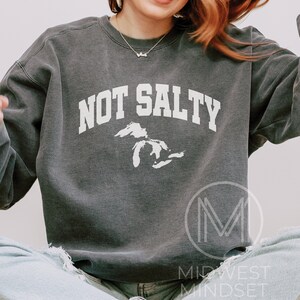 May include: A dark gray sweatshirt with the text "NOT SALTY" in white, with a white outline of the Great Lakes. The sweatshirt is worn by a person sitting with their legs crossed.