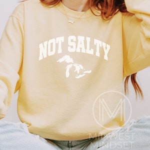 May include: A yellow sweatshirt with the text "NOT SALTY" in white, with a white outline of the Great Lakes.