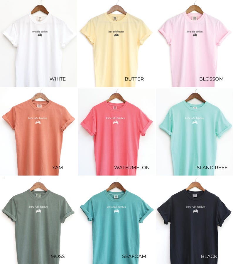 Puede incluir: Una colecci&oacute;n de nueve camisetas de manga corta en varios colores, incluyendo blanco, amarillo, rosa, naranja, rojo, verde azulado, verde, azul y negro. Cada camiseta tiene el texto "let's ride bitches" y un peque&ntilde;o gr&aacute;fico.
