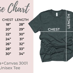 May include: Size chart for a Bella+Canvas 3001 Unisex Tee. The chart shows chest and length measurements in inches for sizes S through 4XL.