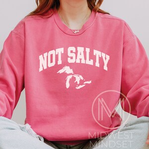 May include: A pink sweatshirt with the text "NOT SALTY" in white, with an outline of the Great Lakes in white.