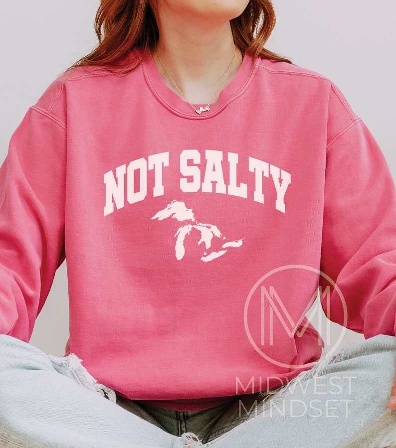 May include: A pink sweatshirt with the text "NOT SALTY" in white, with an outline of the Great Lakes in white.