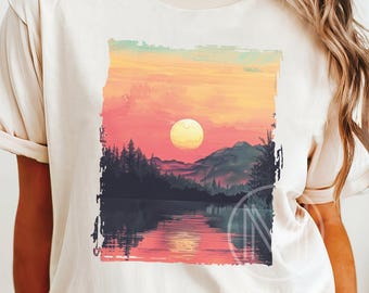 Retro Sunset Comfort Colors Tees: Vintage Summer T-Shirt, Mountain Sun Womens Shirts, National Parks Vacation Matching
