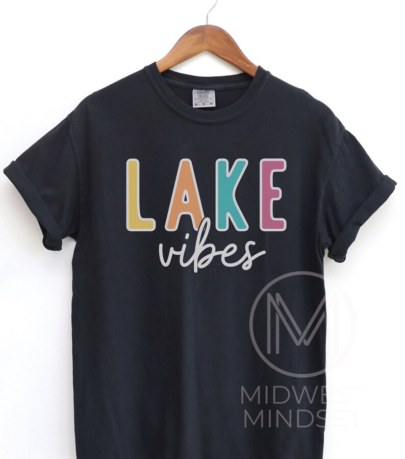 Puede incluir: Camiseta negra con las palabras "LAKE vibes" en letras coloridas. La palabra "LAKE" es amarilla, naranja, turquesa y rosa. La palabra "vibes" est&aacute; en cursiva. La camiseta est&aacute; colgada en una percha de madera.