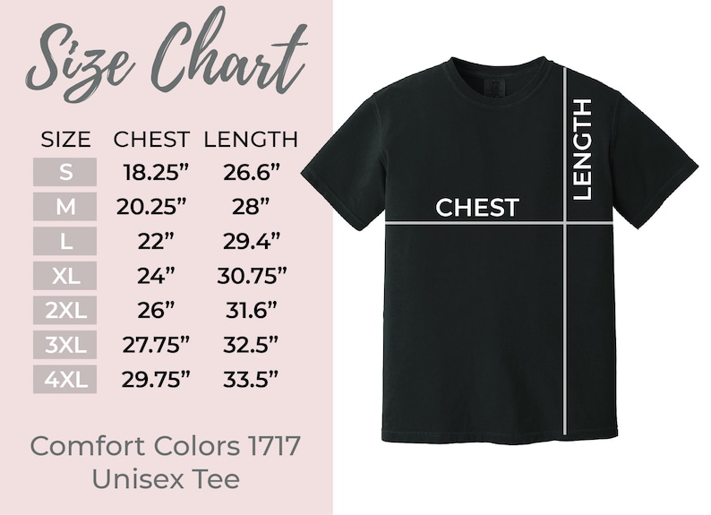 以下が含まれることがあります： サイズチャート付きの黒いユニセックスTシャツ。Sから4XLまでのサイズの胸囲と着丈の測定値をセンチメートルで示しています。「Comfort Colors 1717 Unisex Tee」の文字も表示されています。
