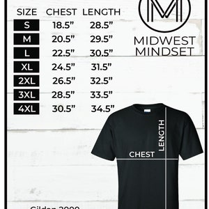 May include: Sizing chart for a unisex t-shirt, showing chest and length measurements in inches for sizes S through 4XL. The chart is labeled "Midwest Mindset" and features a stylized "M" logo. The image also shows a black t-shirt with the text "CHEST" and "LENGTH" labeled on it.