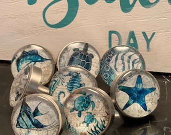 Nautical coastal knob sets, Rich Teal blue, High quality solid knobs kitchens, boats, coastal theme room.