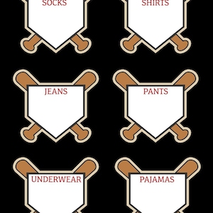 May include: Six white baseball home plate labels with brown crossed baseball bats behind each. The labels feature the red text SOCKS, SHIRTS, JEANS, PANTS, UNDERWEAR, and PAJAMAS. Each graphic is set against a solid black background.
