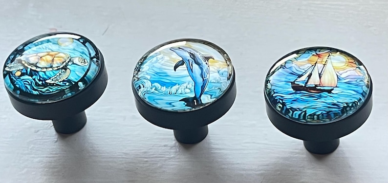 Nautical Cabinet Knobs. 5.50 a knob. Coastal Sea Life Drawer Pulls turtles, starfish, Seahorse, box with3+ knobs Black