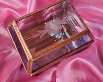 Vintage Jewelry Box, Blue glass jewelry box,  Etched flower glass trinket box, Vintage Box