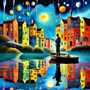 Puede incluir: Una pintura vibrante y surrealista representa a un pescador en un bote en un lago, con edificios coloridos y un cielo nocturno lleno de orbes celestiales. Los edificios están pintados en un arcoíris de colores, y el agua refleja la escena. Una luna llena y estrellas son visibles.