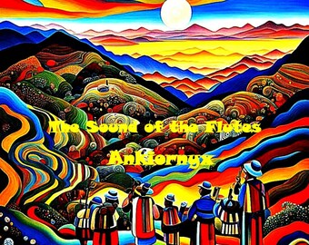May include: A vibrant, colorful painting depicts a landscape with mountains, a full moon, and a swirling sky. Figures in hats and coats are playing flutes. The text "The Sound of the Flutes" and "Ankornyx" are visible.