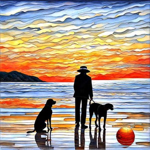 Könnte beinhalten: Ein lebendiges Gemälde zeigt eine Person mit zwei Hunden am Strand bei Sonnenuntergang. Der Himmel wechselt von Blau zu Orange und Gelb. Die Person trägt Hut und Mantel. Ein roter und orangefarbener Ball liegt am Strand.