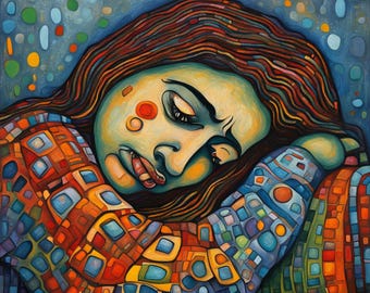 May include: A colorful painting of a person with closed eyes, resting on a patterned blanket. The artwork features a palette of blues, oranges, and yellows, with a dreamlike quality. The background is a deep blue with scattered colorful shapes.