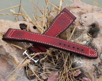 Cinturino per orologio da aviatore in pelle fatto a mano, conciato al vegetale rosso-marrone, 21/18 mm