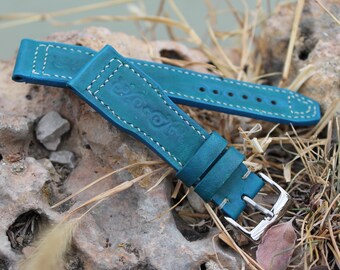 Cinturino per orologio da pilota in pelle fatto a mano, cinturino per IWC, blu veg tan 21/18 mm
