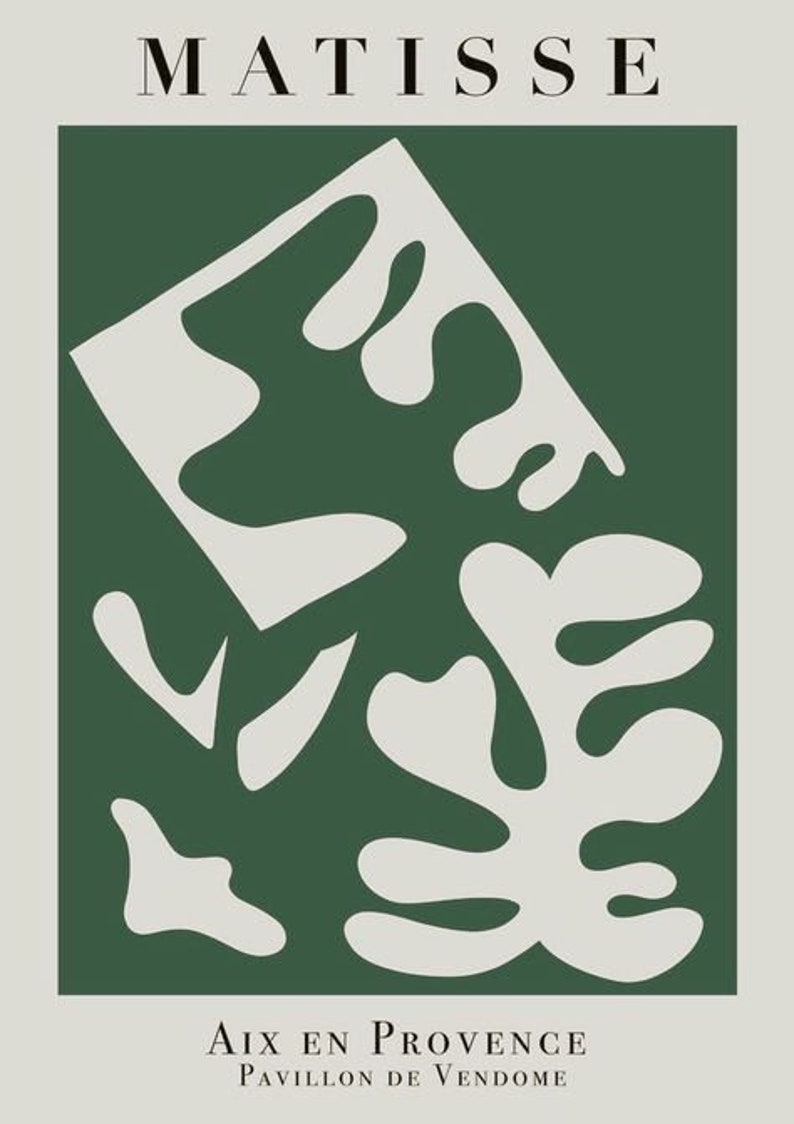 K&ouml;nnte beinhalten: Ein abstrakter Kunstdruck in Gr&uuml;n und Wei&szlig; mit dem Text "MATISSE" oben und "AIX EN PROVENCE PAVILLON DE VENDOME" unten.
