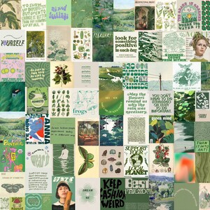 K&ouml;nnte beinhalten: Eine Collage aus gr&uuml;nen und wei&szlig;en Bildern mit verschiedenen Texten und Illustrationen. Die Bilder zeigen Pflanzen, Blumen, Tiere und abstrakte Designs. Der Text enth&auml;lt S&auml;tze wie "Suche jeden Tag nach etwas Positivem", "Geh nach drau&szlig;en, bleibe drinnen", "M&ouml;gen die Blumen uns daran erinnern, warum der Regen notwendig war" und "gr&uuml;ner Geist".