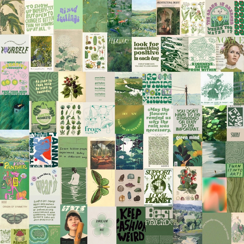 K&ouml;nnte beinhalten: Eine Collage aus gr&uuml;nen und wei&szlig;en Bildern mit verschiedenen Texten und Illustrationen. Die Bilder zeigen Pflanzen, Blumen, Tiere und abstrakte Designs. Der Text enth&auml;lt S&auml;tze wie "Suche jeden Tag nach etwas Positivem", "Geh nach drau&szlig;en, bleibe drinnen", "M&ouml;gen die Blumen uns daran erinnern, warum der Regen notwendig war" und "gr&uuml;ner Geist".