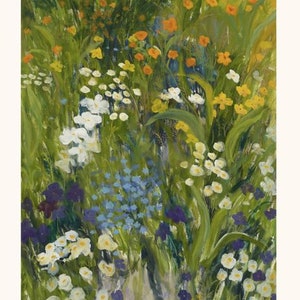 K&ouml;nnte beinhalten: Ein Gem&auml;lde, das ein Feld mit Wildblumen in Gelb-, Wei&szlig;-, Blau- und Gr&uuml;nt&ouml;nen zeigt. Der Text "May your day be filled with flowers." ist unten auf dem Gem&auml;lde geschrieben.