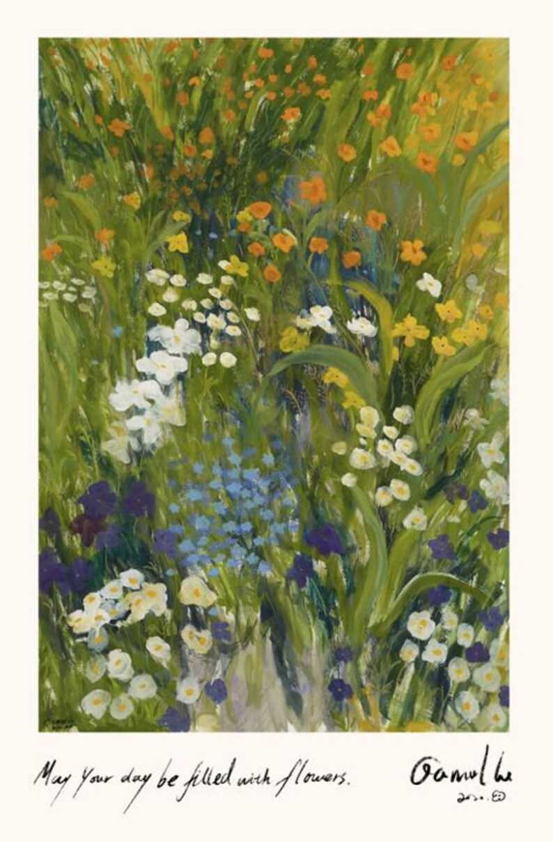 K&ouml;nnte beinhalten: Ein Gem&auml;lde, das ein Feld mit Wildblumen in Gelb-, Wei&szlig;-, Blau- und Gr&uuml;nt&ouml;nen zeigt. Der Text "May your day be filled with flowers." ist unten auf dem Gem&auml;lde geschrieben.