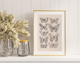 Cartel de pared de mariposa, impresión de pared, decoración de pared boho