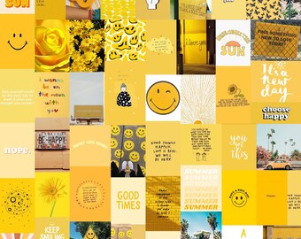 Collage de pared amarilla, Kit de collage de pared, Decoración de dormitorio, Arte de pared, Impresiones de pared, Carteles amarillos, Decoración de dormitorio adolescente, Impresiones digitales