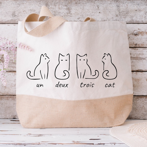 Cat Jute Bag, Un Deux Trois Cat Bag, Funny French Cat Jute Bag, Cute Cat Jute Bag, Cat Mom Tote Bag, Gift for Cat Lovers, Cat Mom Gift