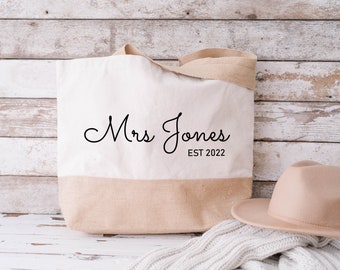 Personalised Mrs Jute Bag, Newlywed Wifey Shoulder Bag, Bridal Bag, Just Married Cotton Bag, Customised Mrs Bag for Her, Honeymoon Jute Bag