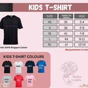 The image is a collage of various images related to children's t-shirts, including a black t-shirt, a size chart, and a selection of t-shirt colors.
