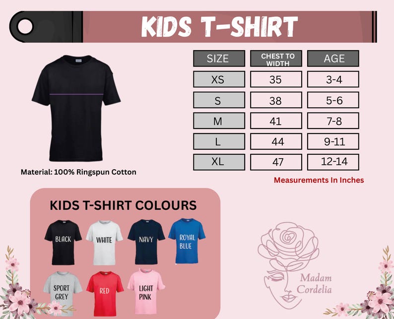The image is a collage of various images related to children's t-shirts, including a black t-shirt, a size chart, and a selection of t-shirt colors.