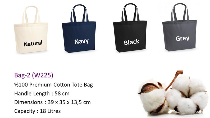 Puede incluir: Cuatro bolsas de mano en color natural, azul marino, negro y gris. Cada bolsa tiene un asa a juego y el nombre del color impreso en la parte delantera. La imagen tambi&eacute;n muestra capullos de algod&oacute;n. Las bolsas miden 39 cm de ancho, 35 cm de alto y 13,5 cm de profundidad.