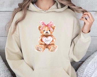 Valentines Day Bear Hoodie, Love Bear Jumper, Watercolor Bear Pullover, Cute Teddy Top, Teddy Lover Jumper, Heart Love Hoodie, Girl Bear Top