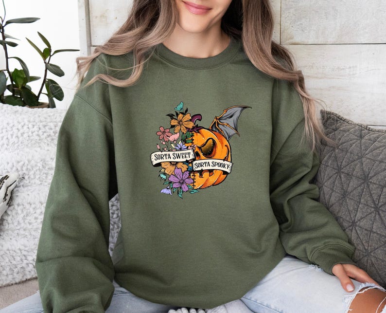 Sorta Sweet Sweatshirt, Sorta Spooky Sweater, Pumpkin Sorta Jumper, Halloween Spooky Season Top, Sorta Sweet Sweater, Bat Pumpkin Sweater image 3