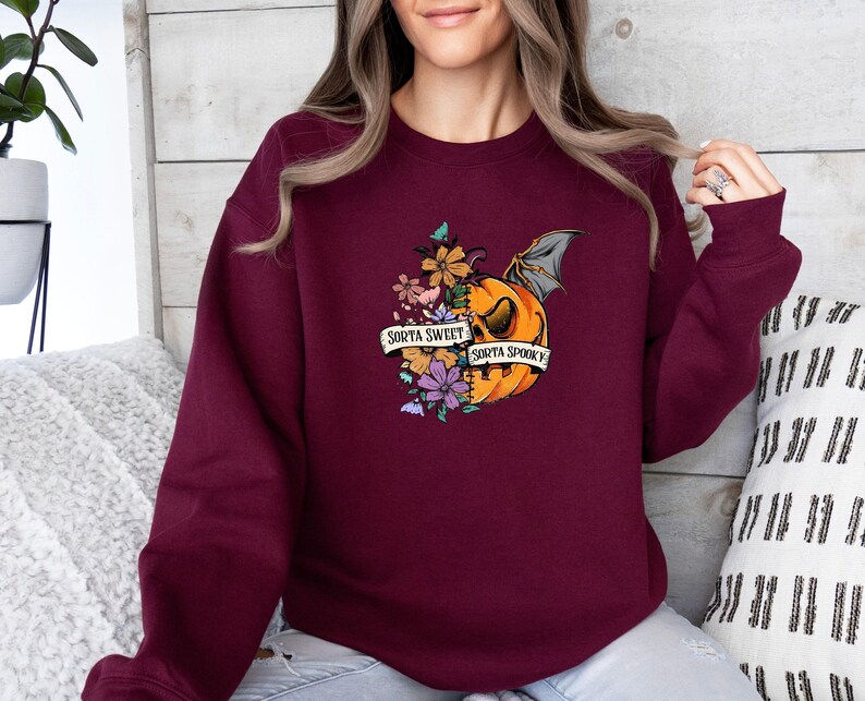 Sorta Sweet Sweatshirt, Sorta Spooky Sweater, Pumpkin Sorta Jumper, Halloween Spooky Season Top, Sorta Sweet Sweater, Bat Pumpkin Sweater image 5