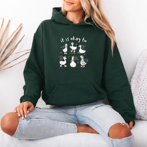 May include: Dark green hoodie with a front pocket and a hood. The hoodie features the text "it is okay to" above a graphic of six cartoon geese. The geese are in various poses with text bubbles.