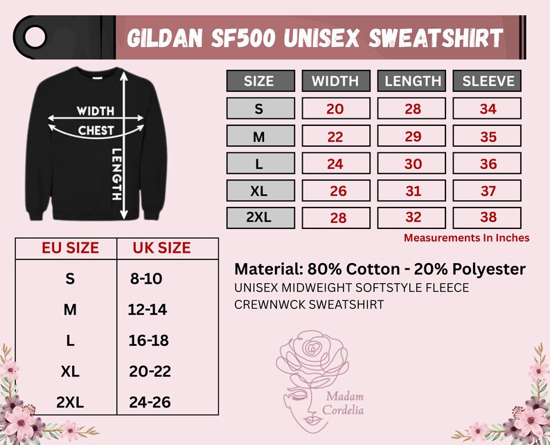 The image is a collage of various images, including a black and white photo of a GILDA SF500 UNISE SWEATSHIRT, a size chart, and a UK size chart. The image does not contain any text that can be described in detail.