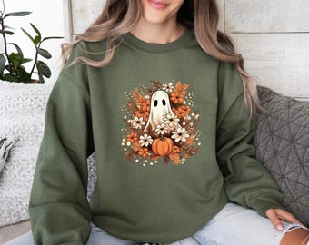 Pull fantôme à fleurs, Pull d'automne pour Halloween, Pull citrouille fantôme, Pull fantôme à fleurs, Pull d'automne, Haut fantôme d'automne