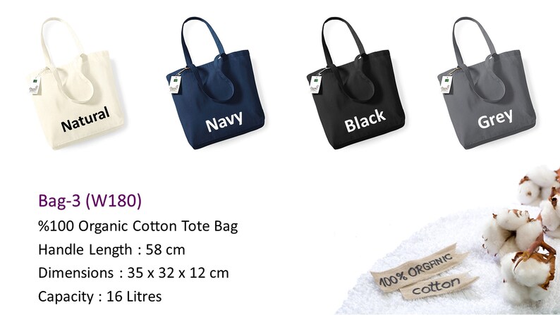 Puede incluir: Cuatro bolsas de mano de algod&oacute;n org&aacute;nico en natural, azul marino, negro y gris. Cada bolsa tiene una longitud de asa de 58 cm y unas dimensiones de 35 x 32 x 12 cm. La capacidad es de 16 litros.