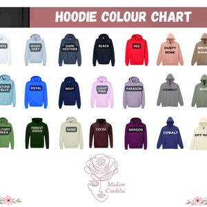 The image is a color chart displaying various hoodie colors, including white, grey, black, red, brown, and green.