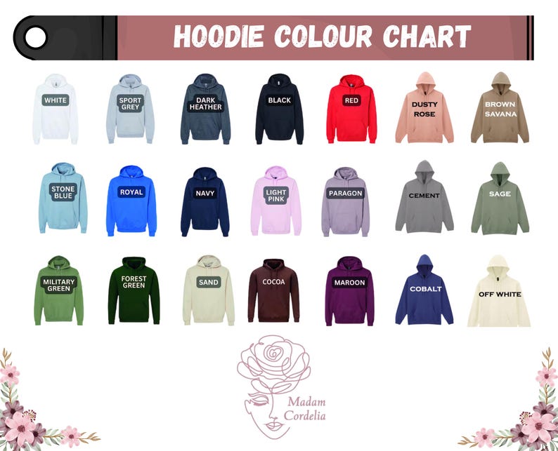 The image is a color chart displaying various hoodie colors, including white, grey, black, red, brown, and green.
