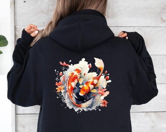 Sweat à capuche motif carpes koï, pull à motif bassin de carpes koï, pull rétro kawaii, haut style Nouveau Japon, sweat à capuche art japonais, pull Harajuku motif poissons, pull poisson