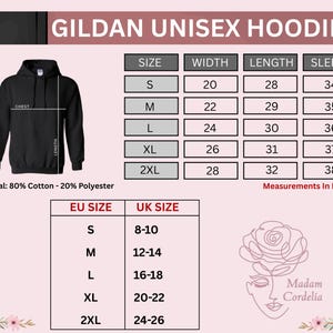 The image is a size chart for a GILDA UNISE hoodie, providing measurements for different sizes and corresponding measurements in inches.